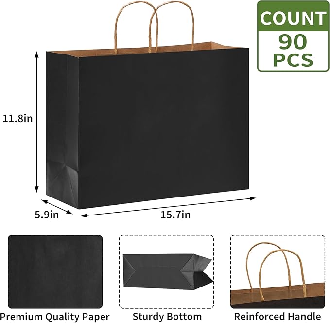 Paper Bag,90-Pack 16x6x12 Inch Black Paper Gift Bags with Handles