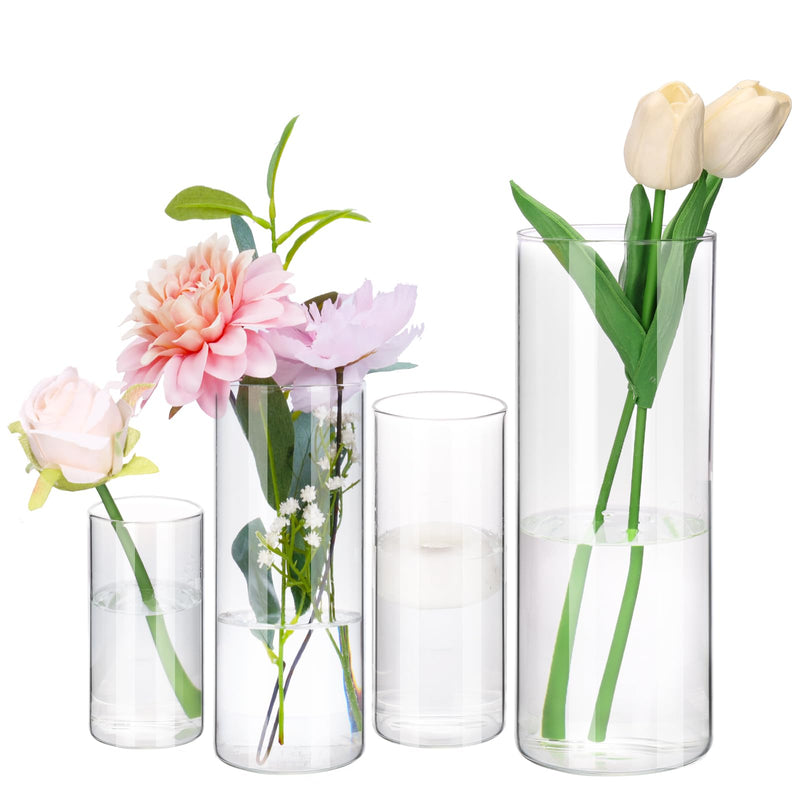 Glass Vase,4 Piece Clear Glass Cylinder Vase Set (4", 6", 8",10")