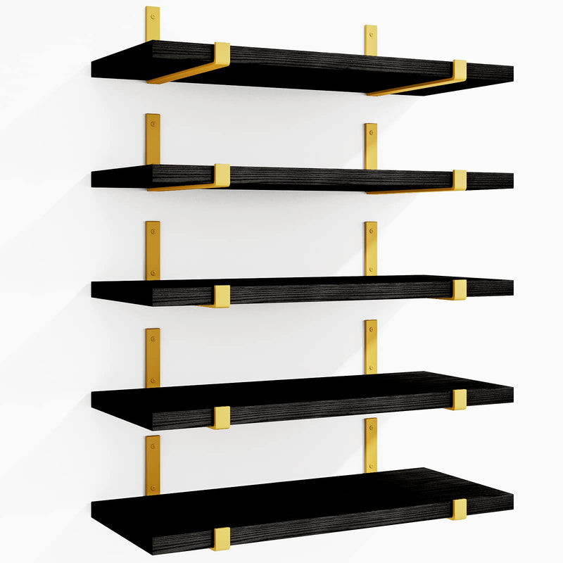 Floating Shelves,Floating Black Gold Shelves Set of 5, 4.7-Inch Wide Rustic Wood Wall Shelves f