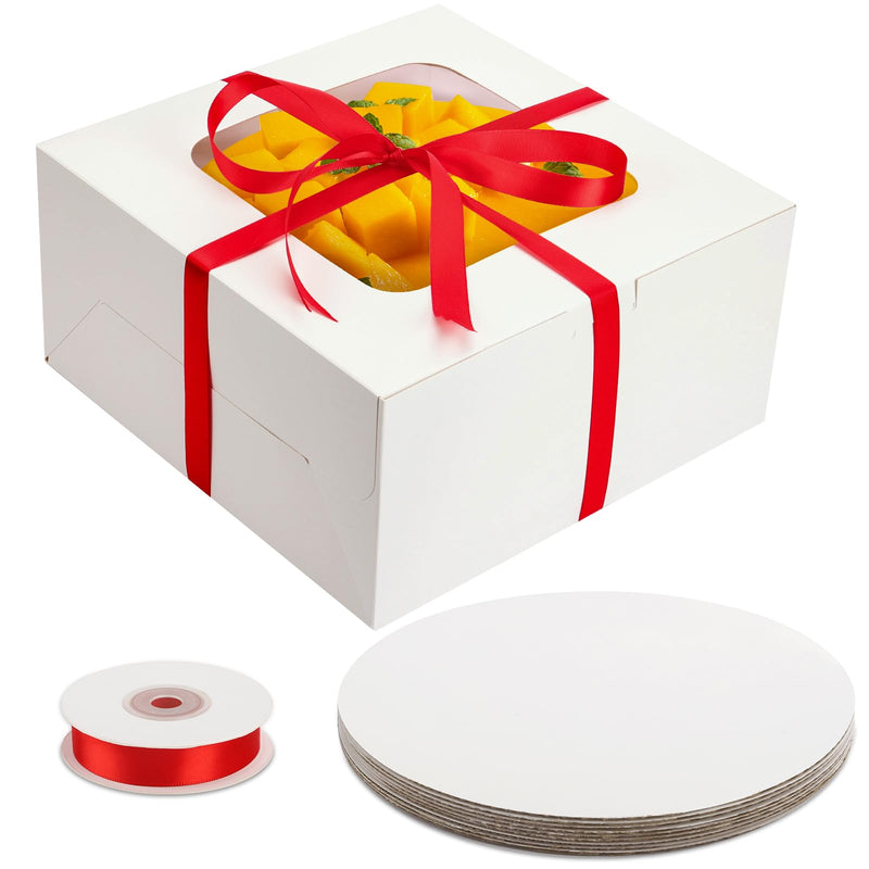 Paper Box,10 Sets White Cake Boxes with Red Ribbons - 10x10x5 Inch Bakery Boxes & Round Cake Boards