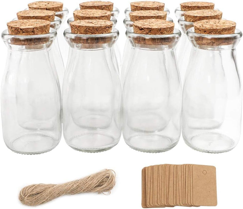 Glass bottle set,12 Pack 3.4oz Glass Bottles with Cork Stoppers,with 25 Labels & 20m Burlap Ribbon