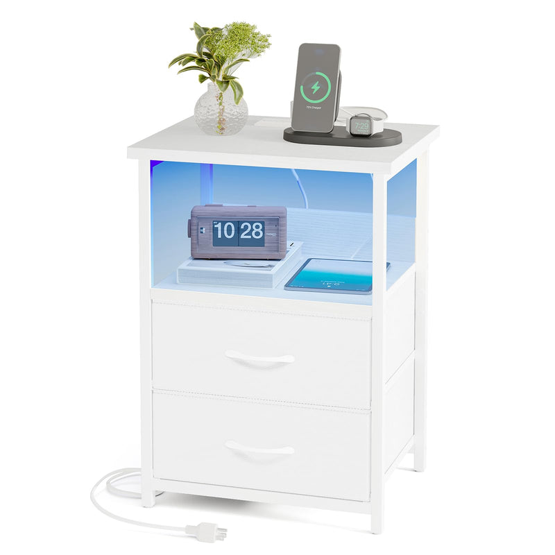 Nightstands,LED Nightstand with Charging Station - 2 Fabric Drawers & RGB Lighting Bedside Table with USB Ports