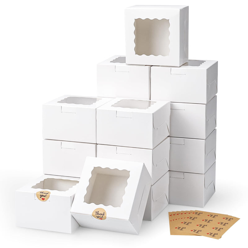 Paper Box,80pcs Elegant White Cookie Boxes - 4x4x2.5 Inch Windowed Bakery Boxes with Stickers