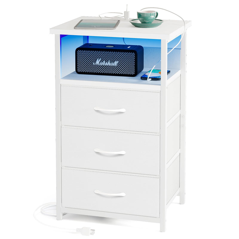 Nightstands,LED Nightstand with Charging Station - 3 Fabric Drawer Bedside Table with USB Ports & Outlets (White)
