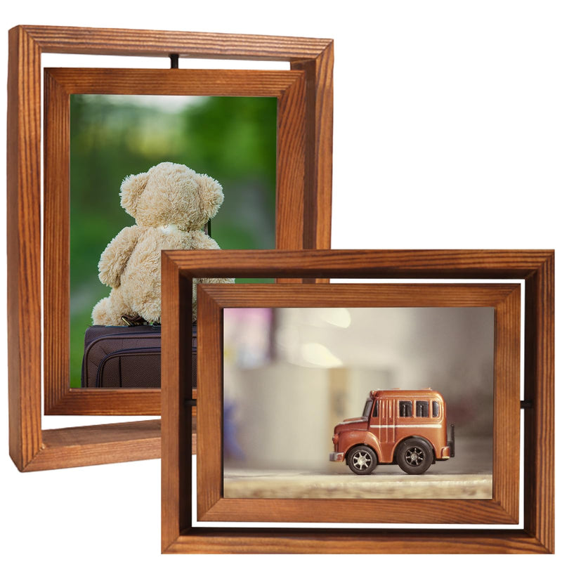 Solid Wood Photo Frame,2-Pack 4x6 Double-Sided Photo Frames - Rotating Solid Wood Display with Real Glass (Carbonized Brown)
