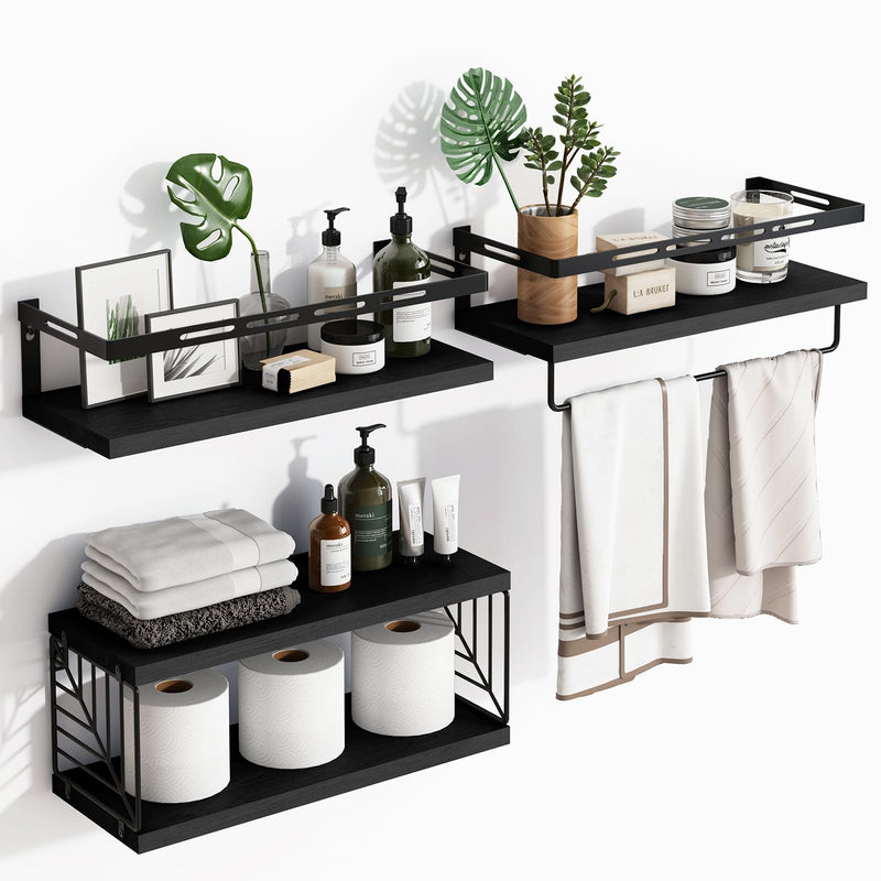 Floating Shelves,3+1 Tier Rustic Wall-Mounted Bathroom Shelves with Towel Bar - Space-Saving Storage for Toilet(Black)