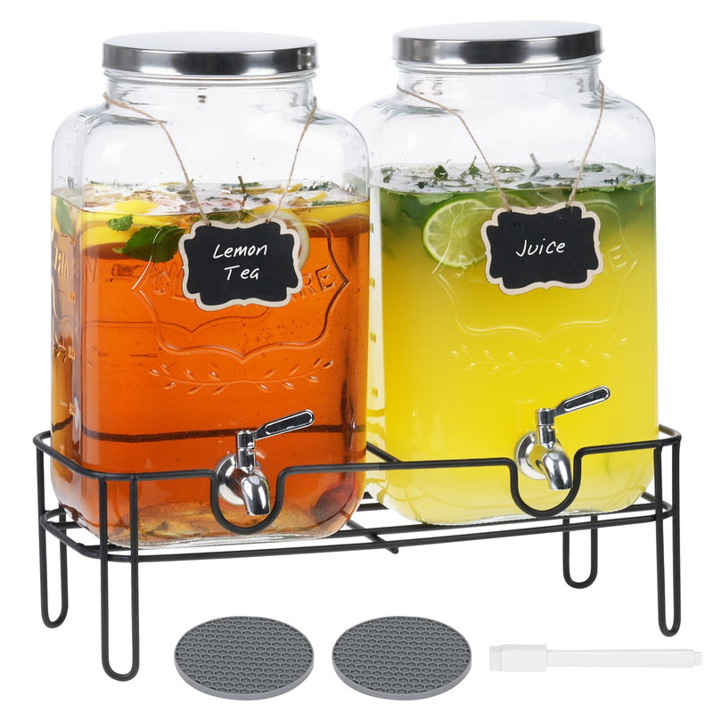 Glass Drinkware,2-Pack 2 Gallon Glass Beverage Dispensers with Stand - Party Drink Servers for Lemonade