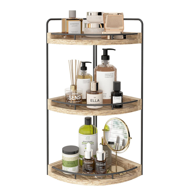 Floating Shelves,Rustic Wood Corner Organizer - 3-Tier Bathroom Countertop Storage Tray for Vanity & Kitchen (Light Brown)