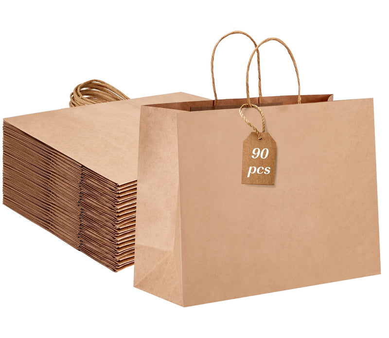 Paper Bag,90pcs Large Brown Kraft Paper Bags (16x6x12 Inches) with Handles - Bulk Shopping Bags for Retail