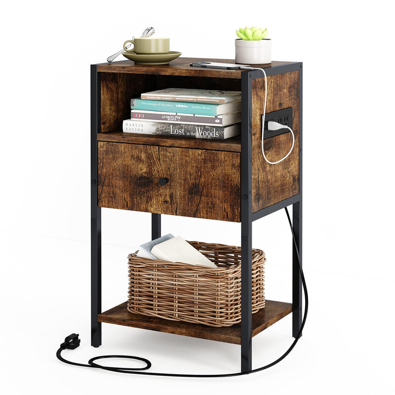 Storage Cabinets & Lockers,Tall Nightstand with Charging Station, Rustic Brown
