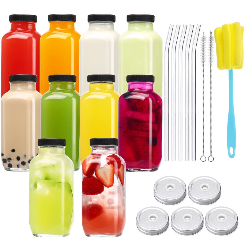 Glass Drinkware,10-Pack Glass Juice Bottles with Lids - 16oz Reusable Drink Containers with Straws