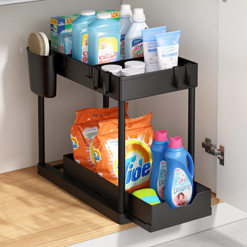 Diningware Storage,2-Tier Under Sink Organizer with Hooks & Dividers - Cabinet Storage Solution for Bathroom & Kitchen
