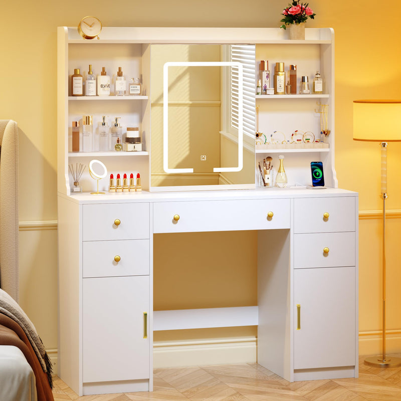 Dresser,Sliding Mirror Vanity Desk with LED Lights, White
