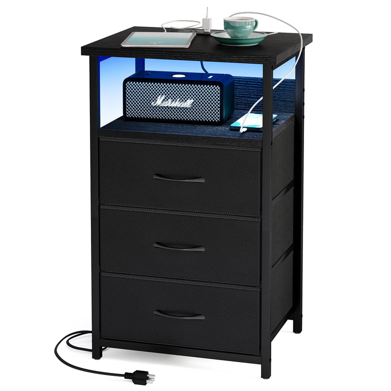 Nightstands,Modern Nightstand with USB Charging Station & RGB LED Lighting - 3-Drawer Black End Table