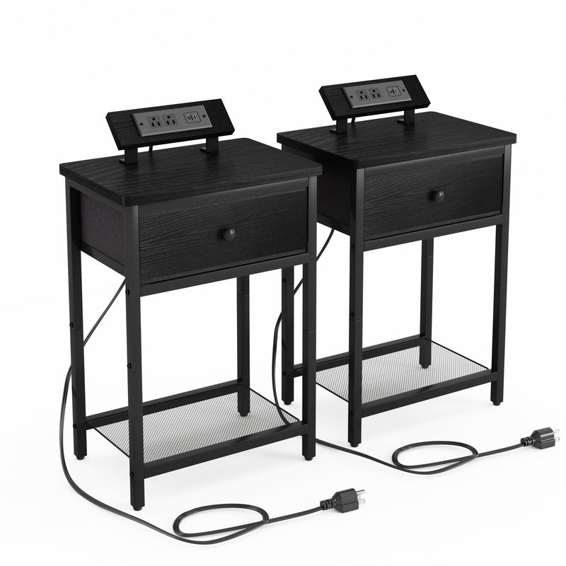 Storage Cabinets & Lockers,Set of 2 Black Nightstands with Charging Station - USB Bedside Tables with Fabric Drawer Storage