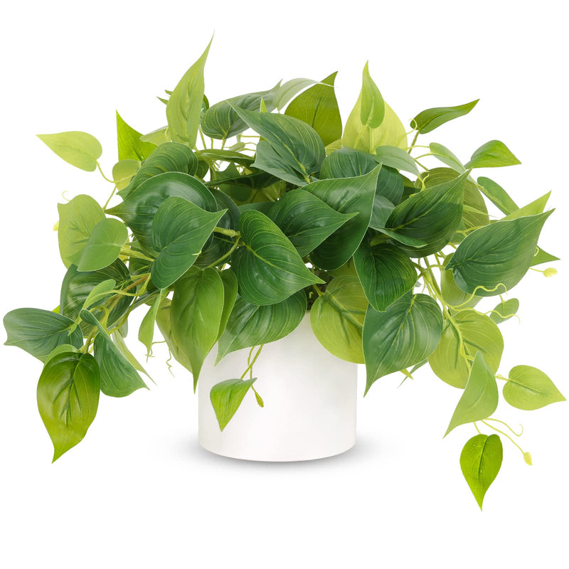 Artificial Flora,Artificial Pothos Plant in White Ceramic Pot - 12" Fake Hanging Vine for Home & Office Decor
