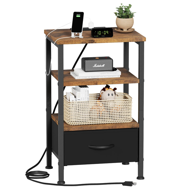 Nightstands,Adjustable Nightstand with Charging Station,Rustic Brown