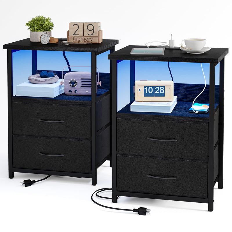 Nightstands,Pair of LED Nightstands with USB Charging - 2 Fabric Drawer Bedside Tables in Black