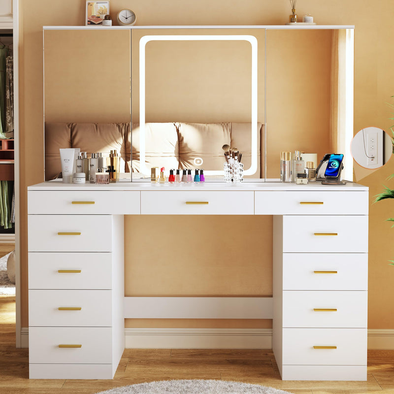 Dresser,Elegant LED Vanity Desk, 47.2" with 11 Drawers & Hidden Shelves