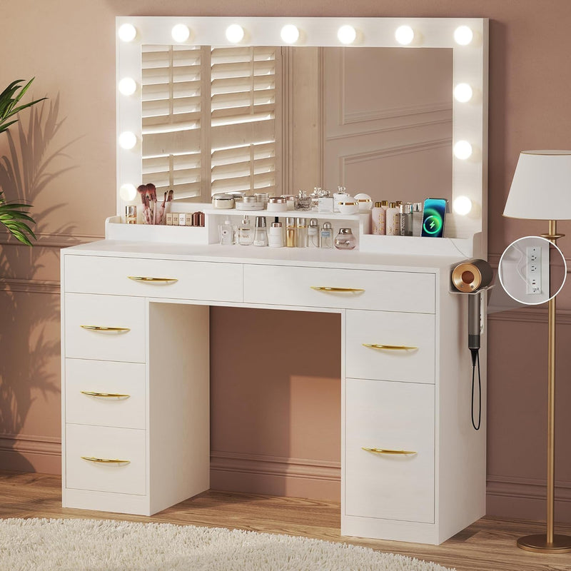 Dresser,Large LED Vanity Desk - Makeup Station with Power Outlets