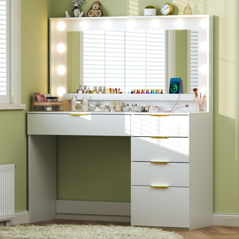 Dresser,39.3" Vanity Desk with LED Mirror, White Dressing Table with 5 Drawers