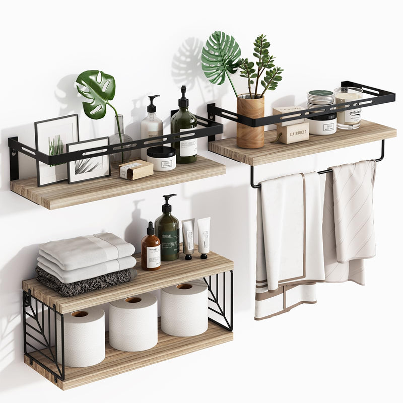 Floating Shelves,3+1 Bathroom Floating Shelves with Towel Bar, Rustic Wood