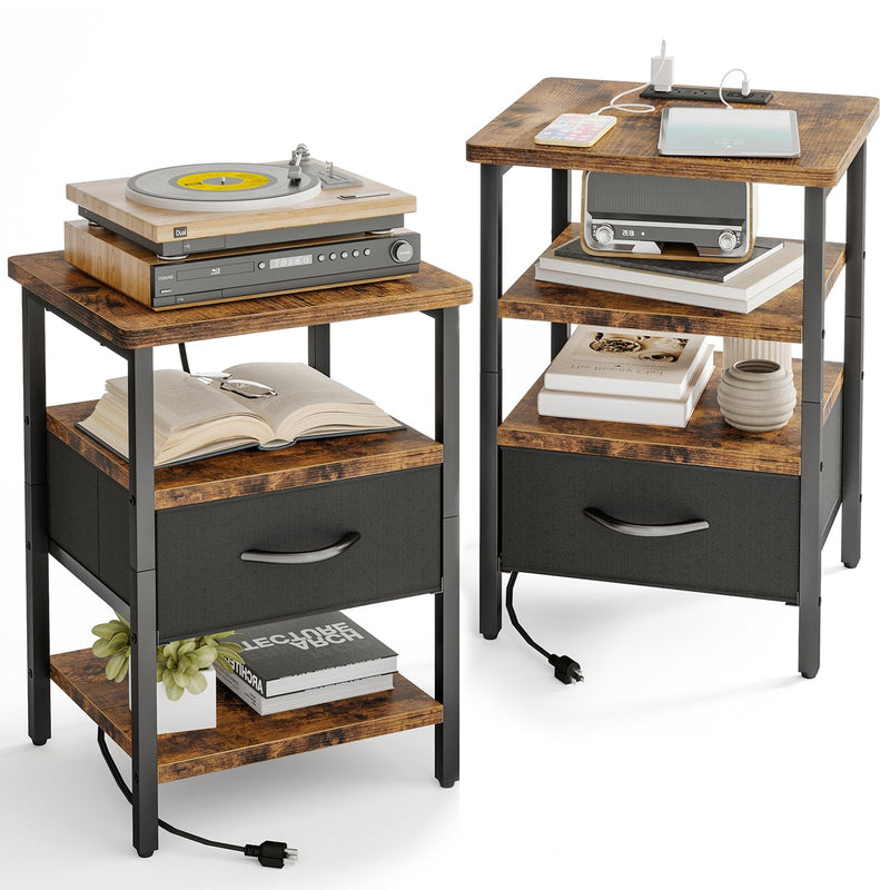 Storage Cabinets & Lockers,Modern Nightstand Set of 2 with Built-in Charging Station - Adjustable Fabric Drawer 3-Tier Side Tables in Gray
