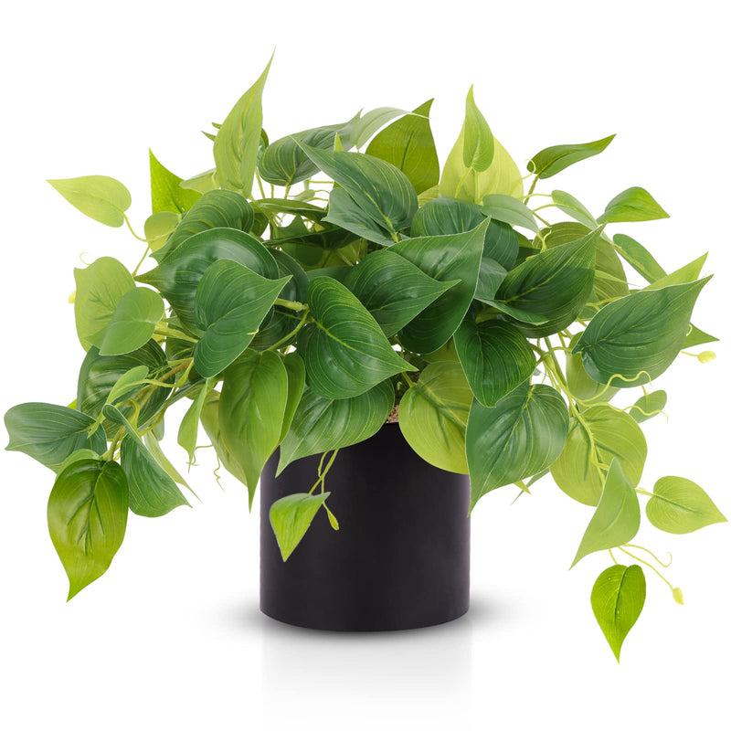 Artificial Flora,12" Artificial Pothos Plant in Black Ceramic Pot - Realistic Fake Hanging Vine Indoor Decor