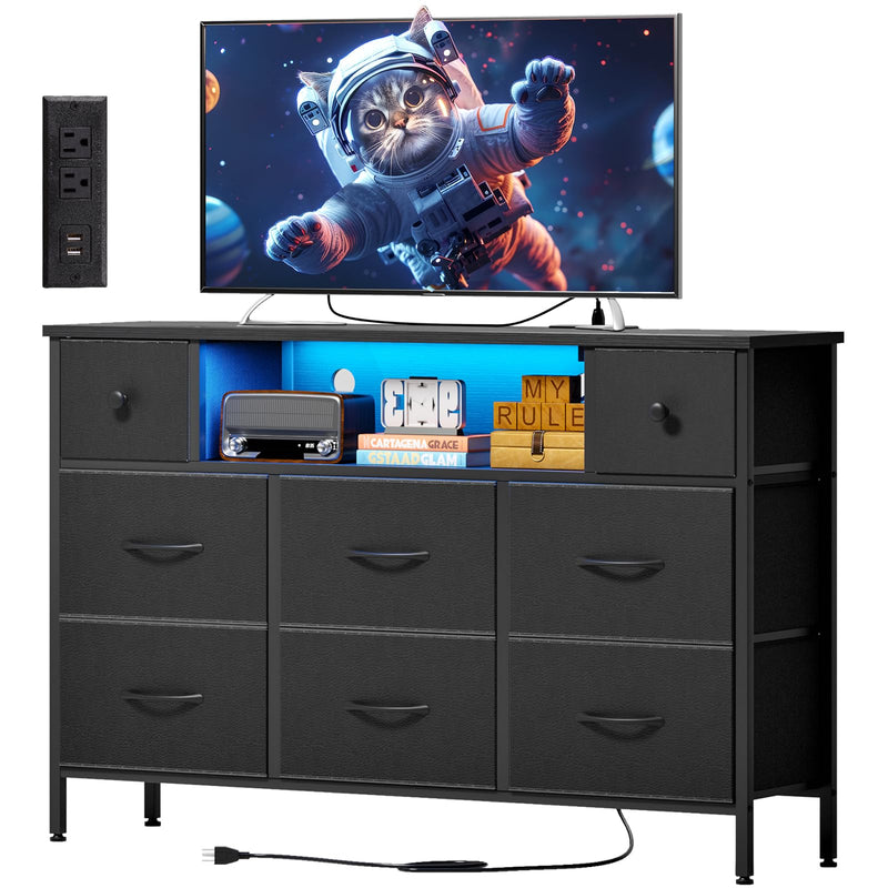 Storage Cabinets & Lockers,55-Inch Modern Dresser with LED Lights & Power Outlets