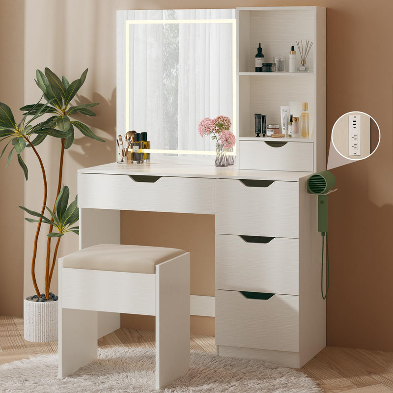 Dresser,Modern Vanity Desk Set with LED Mirror & Power Outlet, White Finish