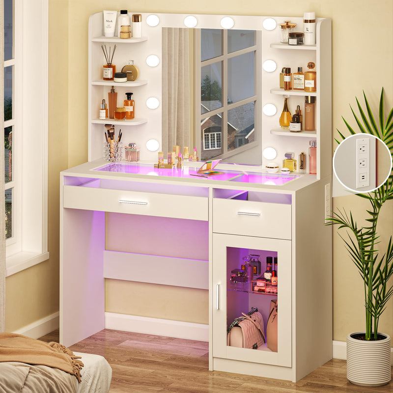Dresser,LED Vanity Desk with Transparent Top - Makeup Station with RGB Drawers & 6 Shelves