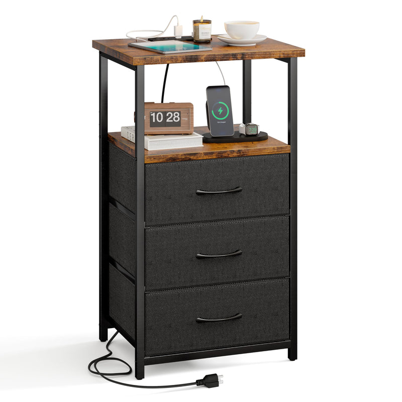 Nightstands,Charging Nightstand with Fabric Drawers - Rustic Industrial Bedside Table with Power Outlets