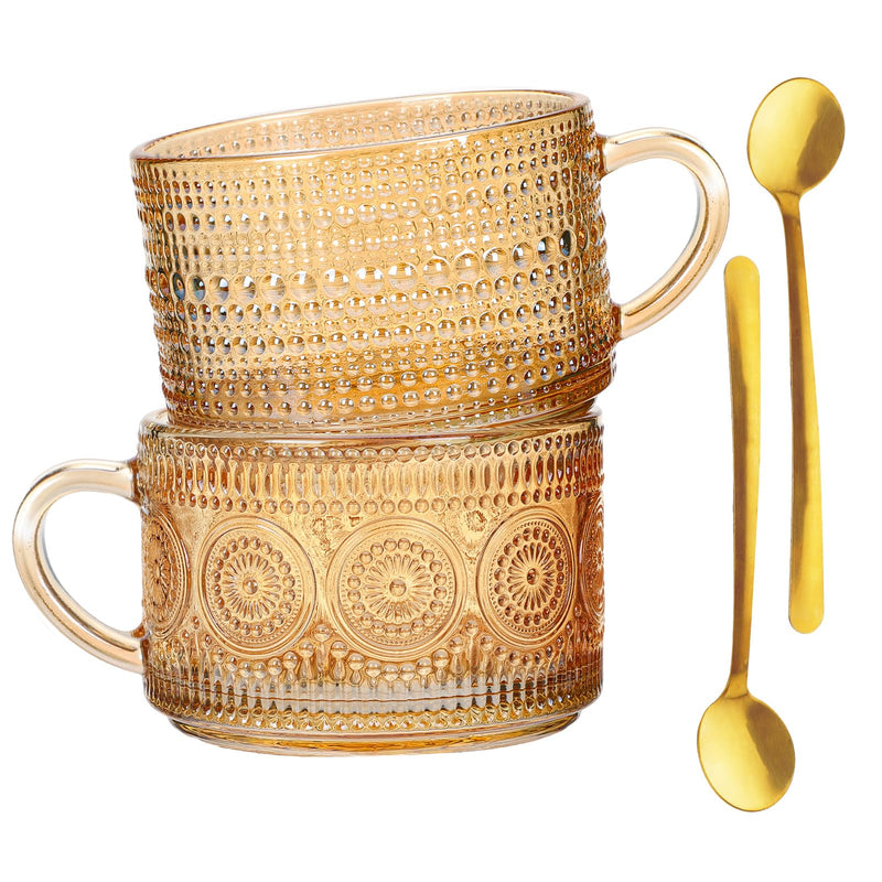 Glass Drinkware,Set of 2 Vintage Glass Coffee Mugs - 14oz Overnight Oats Containers with Spoons for Cappuccino