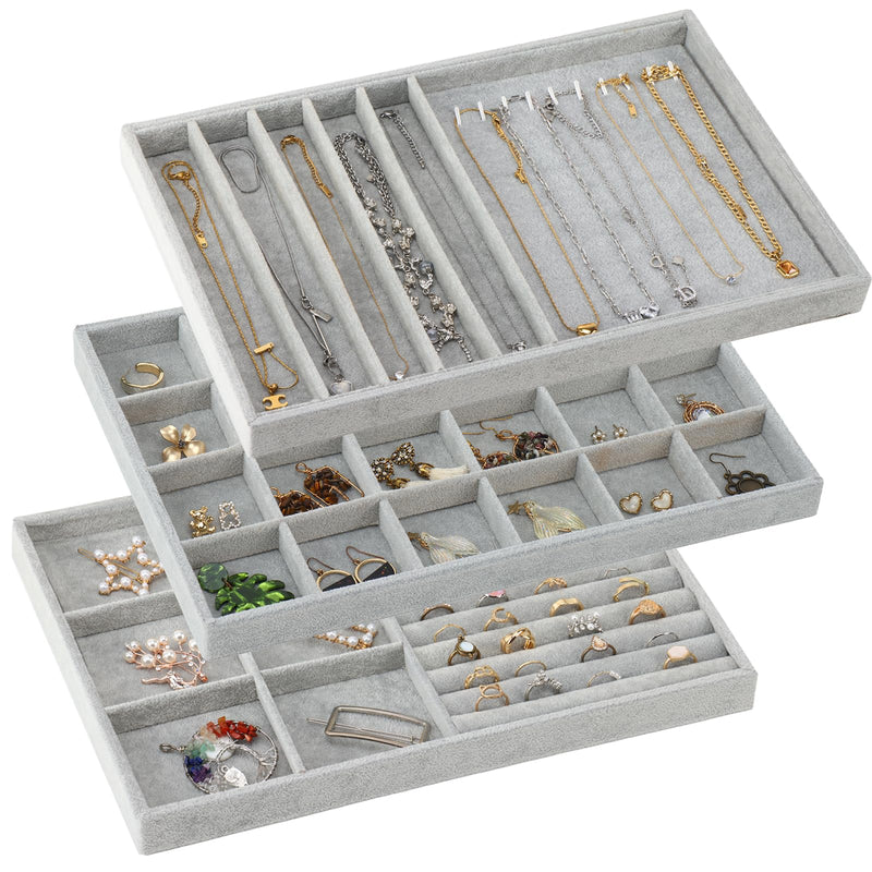 Flocked storage,13.8in Stackable Jewelry Organizer Trays with Adjustable Dividers - 3-Piece Set in Elegant Grey