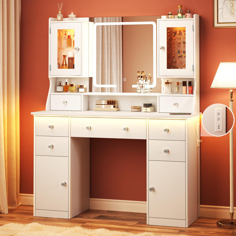 Dresser,42in LED Vanity Desk with RGB Lights and Mirror, 7 Drawers & 2 Large Cabinets