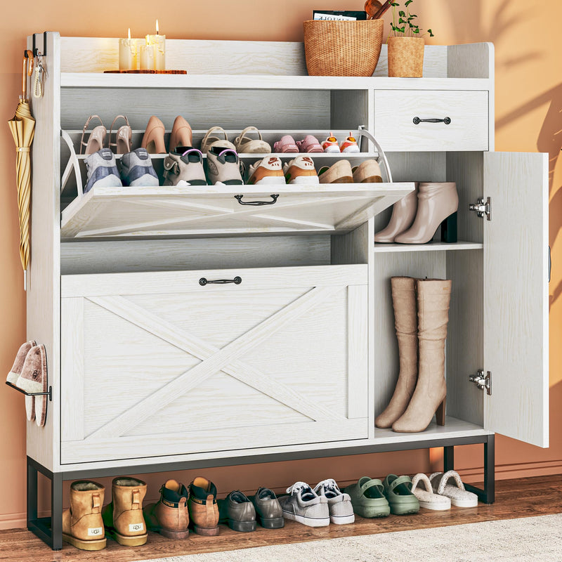 Shoe Cabinet,White Shoe Cabinet - 2 Flip Drawers with Side Storage & Adjustable Shelves for Entryway Organization