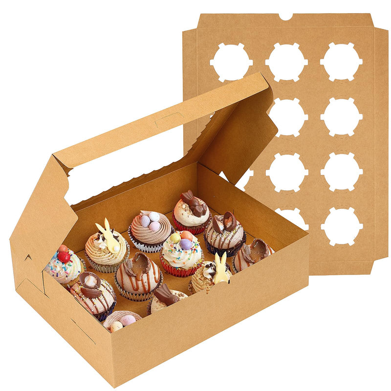 Paper Box,12 Count x 10 Sets Sturdy Kraft Cupcake Boxes - 13x10x3.5 Inch with Window and Inserts