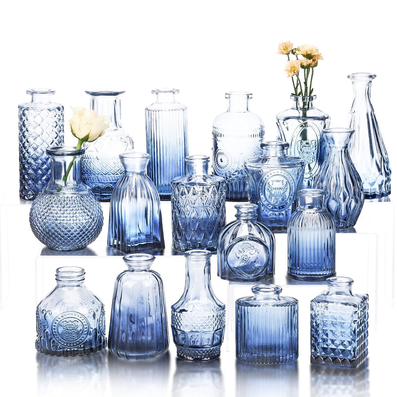 Glass Vase,Set of 18 Blue Glass Bud Vases