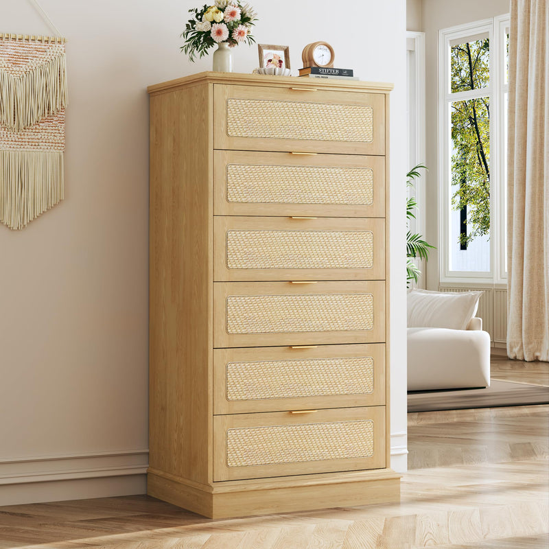 Storage Cabinets & Lockers,50" Tall 6-Drawer Boho Dresser in Natural Oak