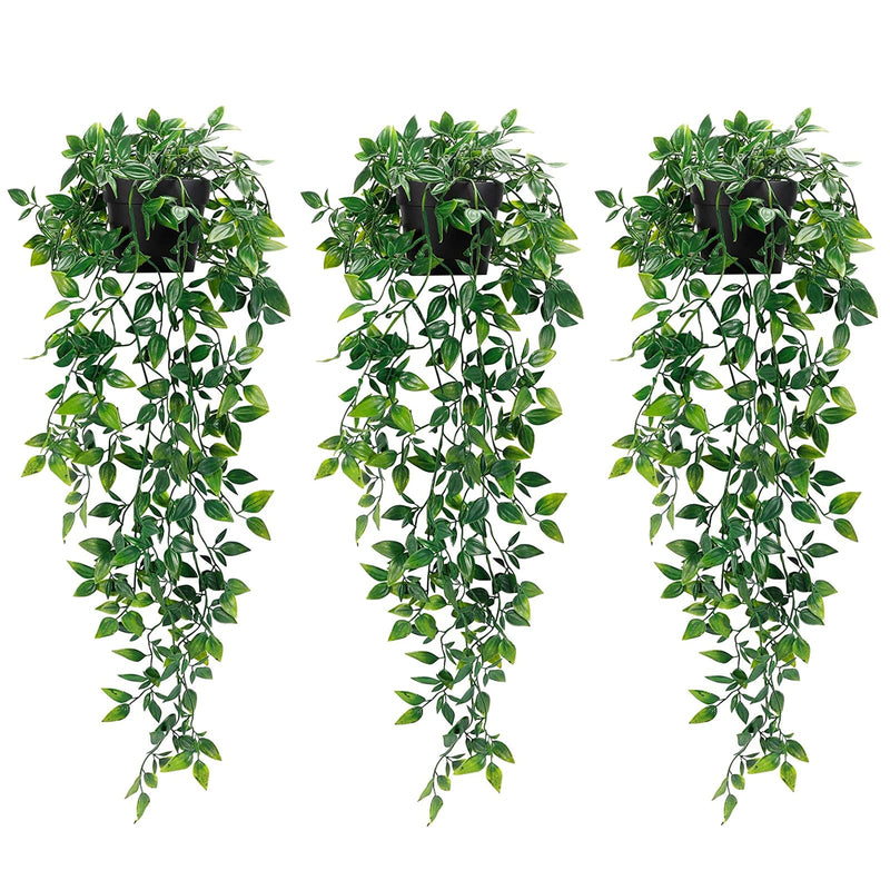 Artificial Flora,3 Pack Artificial Hanging Greenery with Black Pots for Home Decor