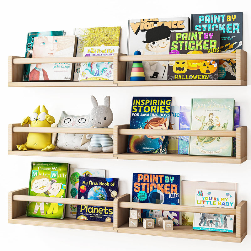 Floating Shelves,32-Inch Floating Bookshelves Set of 3 - Natural Wood Wall Mount Storage for Nursery & Kids' Rooms