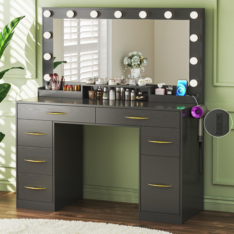 Dresser,Illuminated Makeup Vanity Desk with Large Mirror, 7 Storage Compartments & Adjustable Lighting