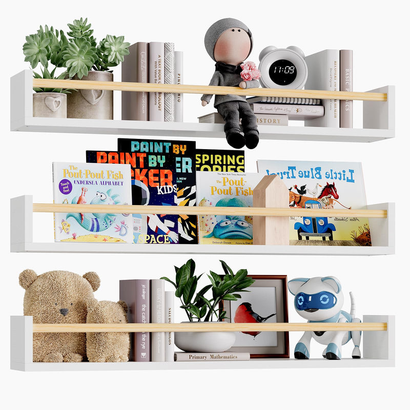 Floating Shelves,Nursery Floating Bookshelves - Set of 3 Wall Mounted Wood Shelves for Kids' Room Organization