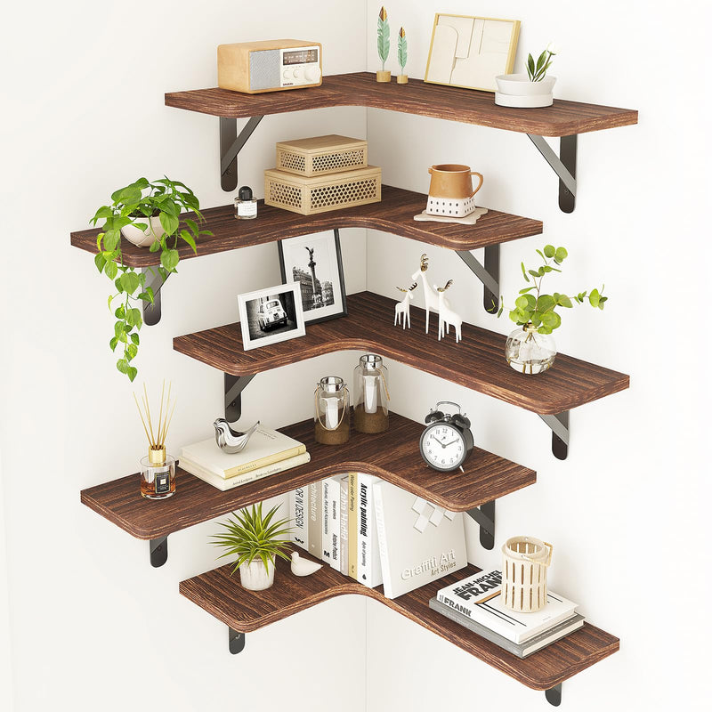 Floating Shelves,Corner Floating Shelves Set of 5 - Dark Carbonized Wood Wall Storage for Maximizing Unused Space
