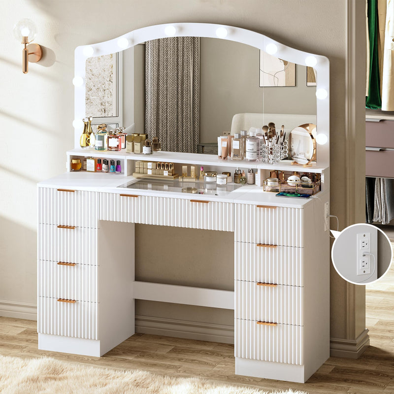 Dresser,46" Elegant Vanity Desk with Oversized Mirror & LED Lights, 9 Drawers