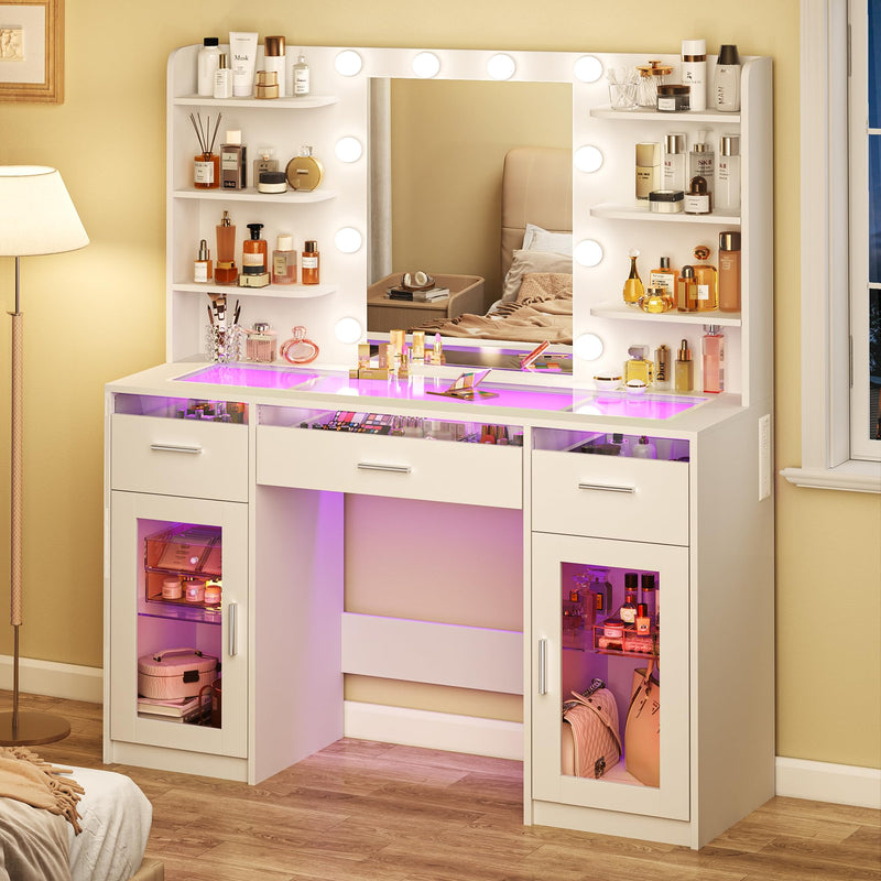 Dresser,Modern LED Vanity Desk with Transparent Top & RGB Lighting - 3 Drawers,6 Shelves,2 Cabinets & Power Outlet