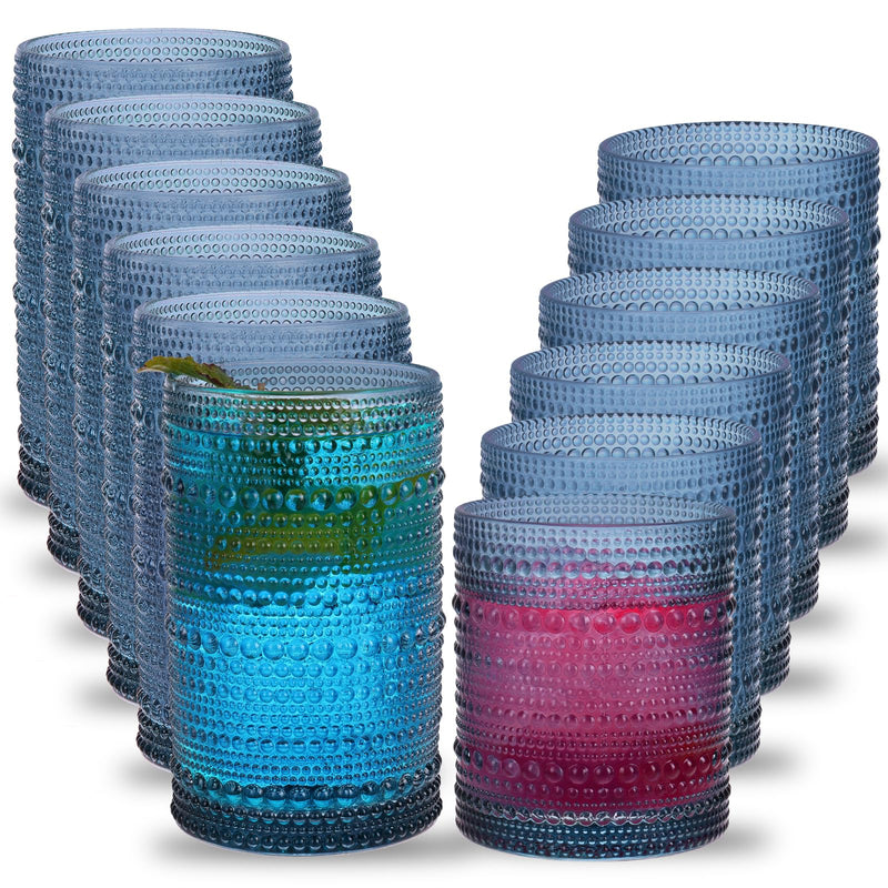 Glass Drinkware,12-Piece Hobnail Glassware Set - 12oz Highball & 10oz Cocktail Tumblers with Blue Embossing