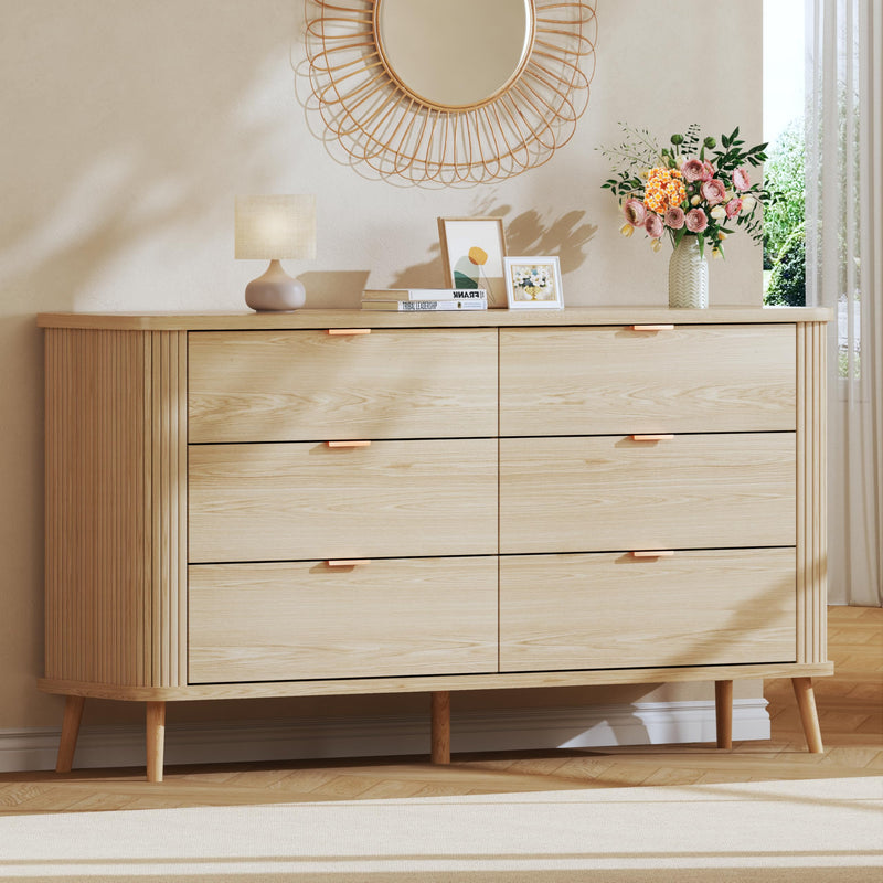 Storage Cabinets & Lockers,Mid-Century Modern 55-Inch Fluted Dresser - Curved 6-Drawer Oak Storage Chest with Tambour Panels