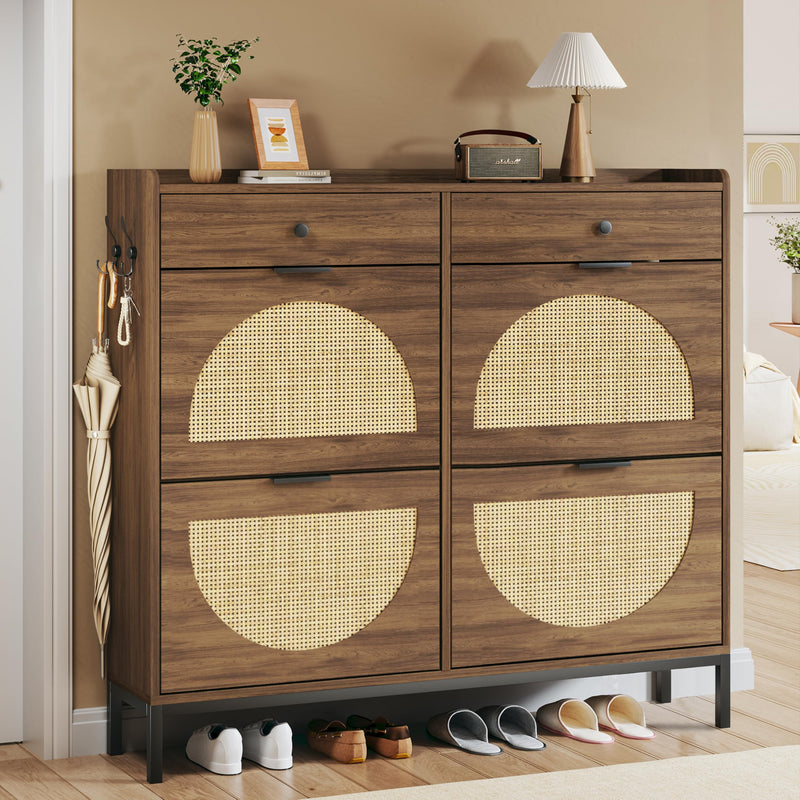 Shoe Cabinet,Rattan Storage Cabinet with 4 Flip Drawers