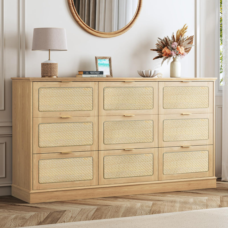 Storage Cabinets & Lockers,Boho Chic 9-Drawer Rattan Dresser - 60" Long TV Stand for 55-70" Screens - Natural Oak Storage Chest